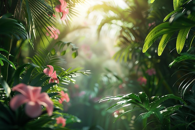 Photo une tapisserie de forêt tropicale luxuriante avec des fleurs exotiques à la lumière du matin