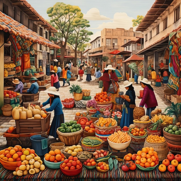 Une tapisserie richement brodée représentant une scène de marché traditionnelle mexicaine