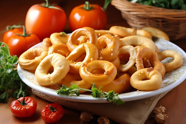 Taralli italien Un bol de frites croustillantes avec des tomates en arrière-plan