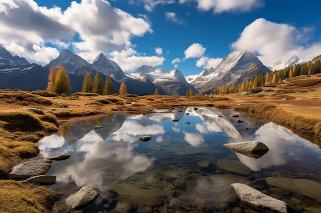Photo des tarns alpins sereins reflétant les couleurs du feuillage d'automne environnant