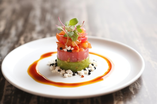 Tartare de pastèque et fromage feta avec filet de balsamique