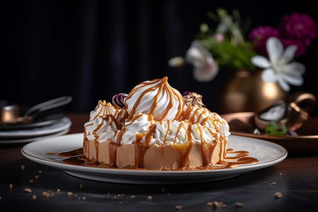 Une tarte au butterscotch avec une garniture fouettée sur une assiette élégante