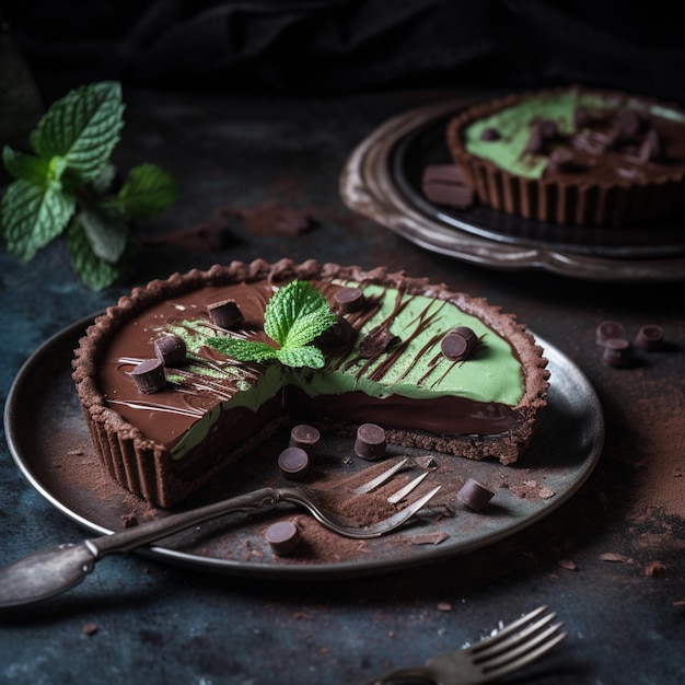 Une tarte au chocolat avec des feuilles de menthe et une tranche manquante