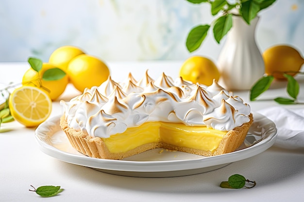 Une tarte au citron sur une assiette blanche en bois