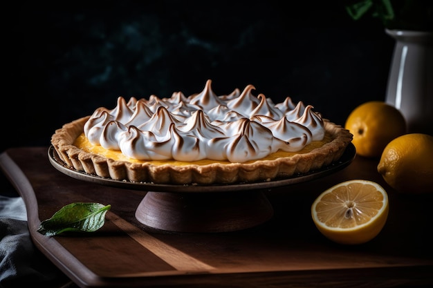 Tarte au citron meringuée sur une table en bois avec des citrons et des feuilles de menthe