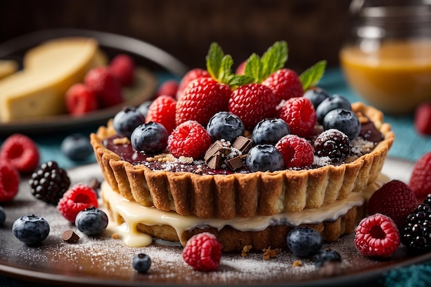 Tarte au fromage au chocolat et aux baies le petit-déjeuner est sucré avec des myrtilles