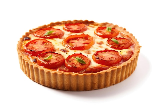 Photo tarte au fromage et aux tomates sur fond blanc generative ai