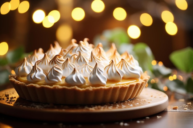 Une tarte au meringue au citron sur un fond sombre