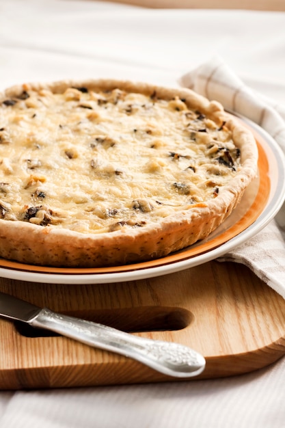 Tarte au poulet aux champignons et fromage sur une plaque