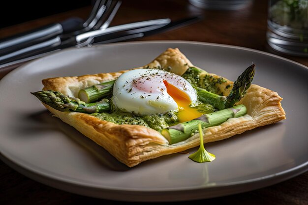 Tarte aux asperges en croûte de treillis surmontée d'un œuf poché