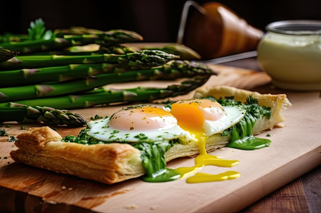 Tarte aux asperges avec œuf poché et sauce hollandaise