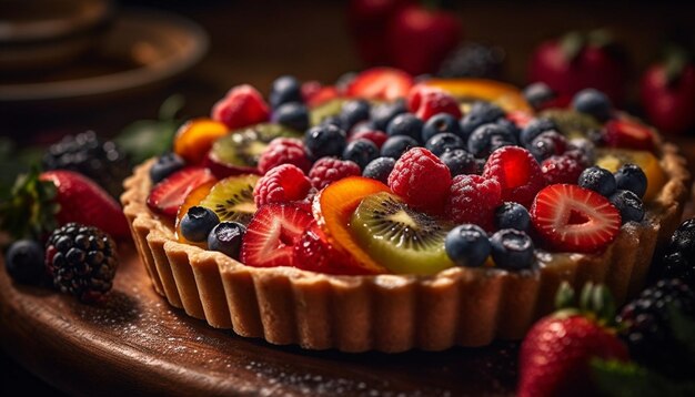 Tarte aux baies fraîchement cuites avec crème au chocolat crémeuse et fraises générées par l'IA