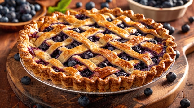 Une tarte aux bleuets avec une croûte en treillis sur une table en bois