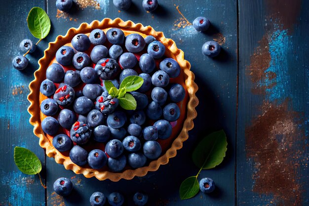 Tarte aux bleuets sur fond de bois bleu