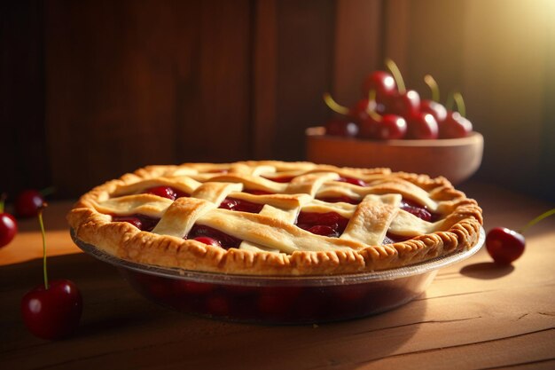 Une tarte aux cerises avec des cerises en arrière-plan