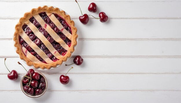 Tarte aux cerises sur un fond en bois blanc avec place pour le texte Tarte à cerises vue d'en haut