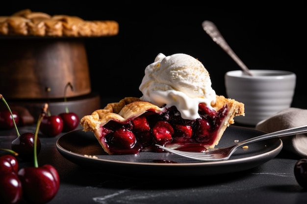 Tarte aux cerises servie avec une boule de crème fraîchement fouettée créée avec une IA générative