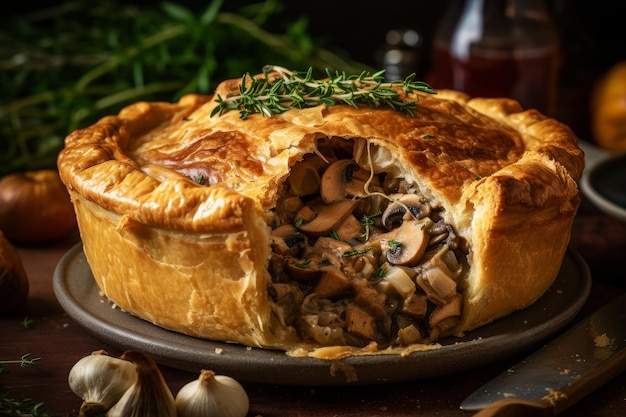 Une tarte aux champignons avec un brin de thym sur le dessus