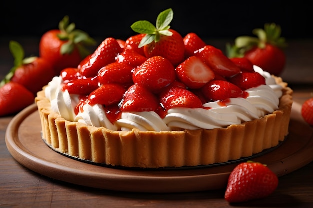 Tarte aux fraises avec crème fouettée et fraises fraîches sur fond de bois