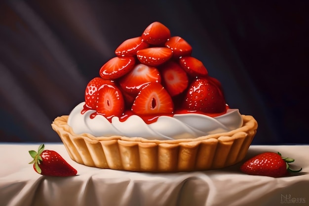 Tarte aux fraises avec crème fouettée et fraises fraîches sur une nappe blanche