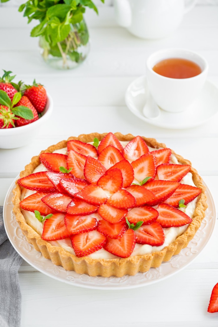 Photo tarte aux fraises avec crème pâtissière sur une assiette sur un fond en bois blanc espace de copie