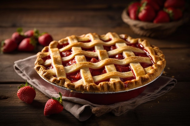 Une tarte aux fraises avec une croûte en treillis est posée sur une table.