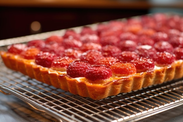 Tarte aux framboises fraîchement cuite refroidie sur un rack créé avec de l'AI générative