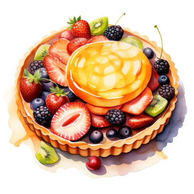 Photo une tarte aux fruits colorée avec du glaçage au chocolat illustration à l'aquarelle de topview