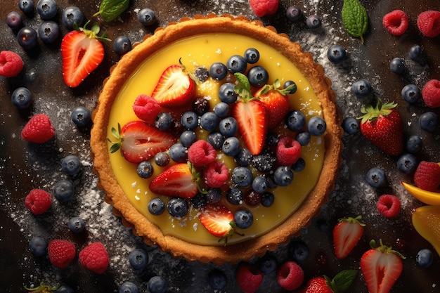 tarte aux fruits à la crème à plat publicité professionnelle photographie alimentaire générée par l'IA