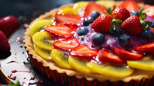 Tarte aux fruits sur table en bois avec des baies et des kiwis