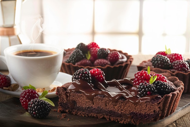 Tarte aux mûres au chocolat avec une tasse de café