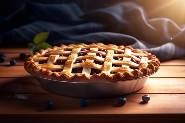 Une tarte aux myrtilles est assise sur une table avec une tarte aux myrtilles sur la table.