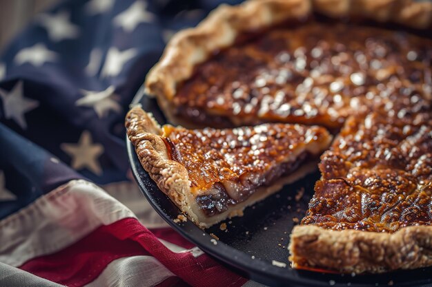 Photo une tarte aux noix de pécan traditionnelle avec le drapeau américain, un symbole de célébration.