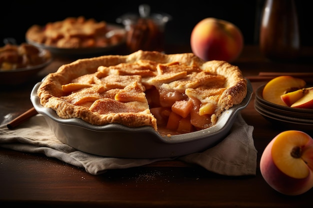 Une tarte aux pêches avec une tranche manquante