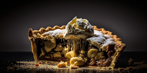 Tarte aux pommes appétissante dans une coupe sur fond sombre AI générative