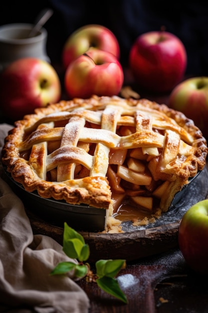 Photo une tarte aux pommes avec une croûte en treillis brun doré et chaud à la vapeur