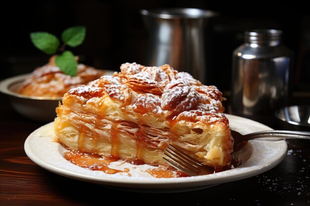 Tarte aux pommes dorée et juteuse avec une cuillère à côté de l'IA générative