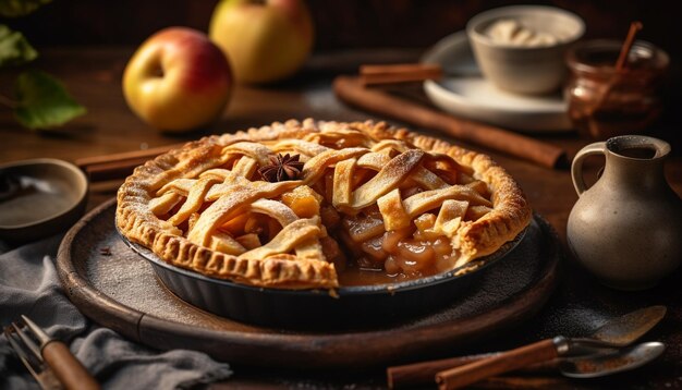 Tarte aux pommes faite maison sur une table en bois rustique générée par l'IA