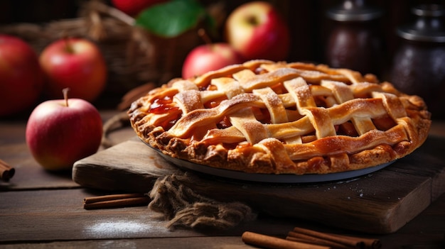 Une tarte aux pommes sur un fond rustique