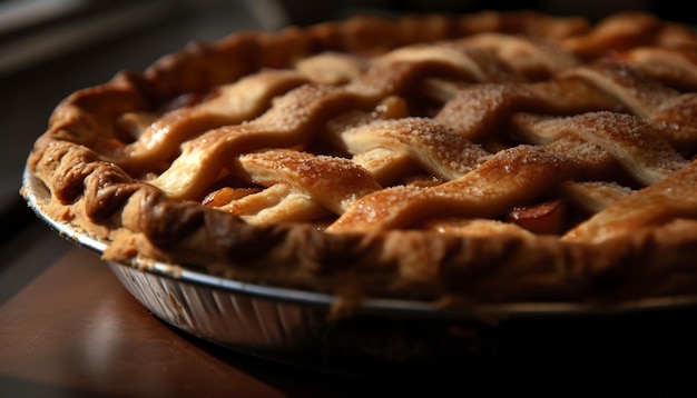 Tarte aux pommes fraîchement cuite au four une douce indulgence sur une table rustique générée par l'intelligence artificielle