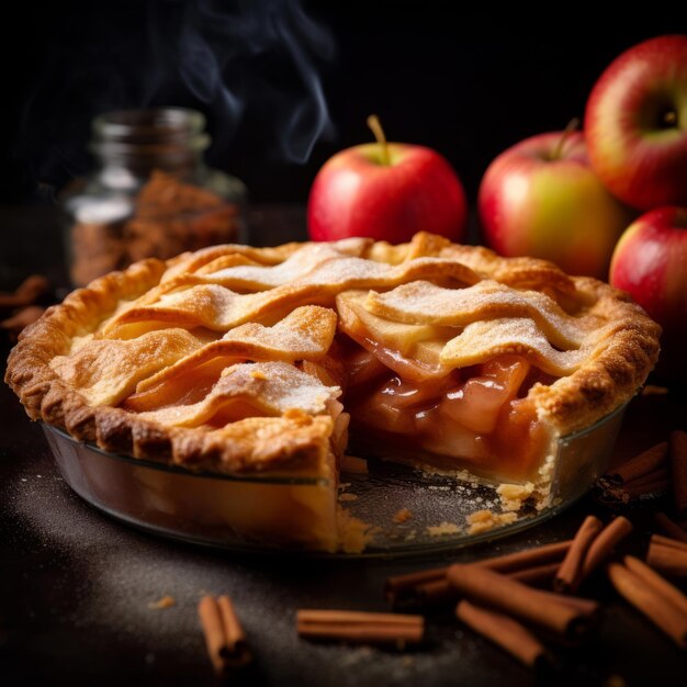 Photo tarte aux pommes fraîchement cuite à la cannelle sur fond sombre