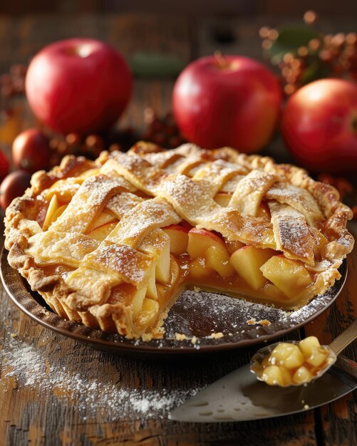 Une tarte aux pommes fraîchement cuite avec une croûte en treillis doré entourée de pommes crues et de décorations d'automne sur une table en bois