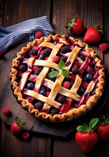 Une tarte aux pommes à la fraise sur fond de bois