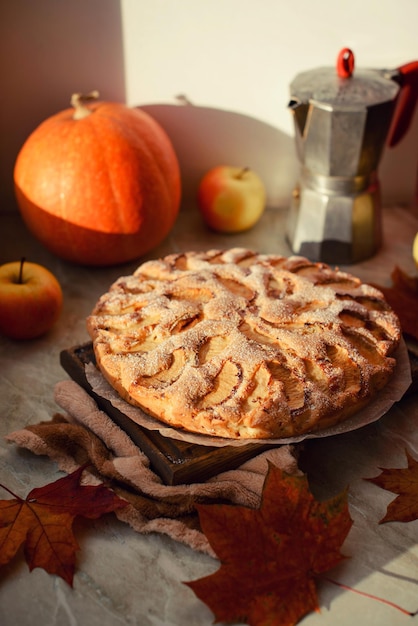 Tarte aux pommes maison sur un espace de copie vue de dessus de fond blanc