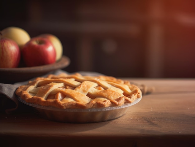 Tarte aux pommes maison sur fond de bois Generative AI