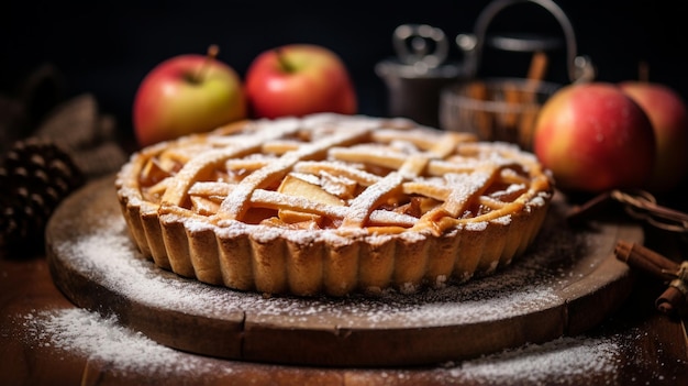 Photo une tarte aux pommes avec des pommes fraîches sur une table en bois