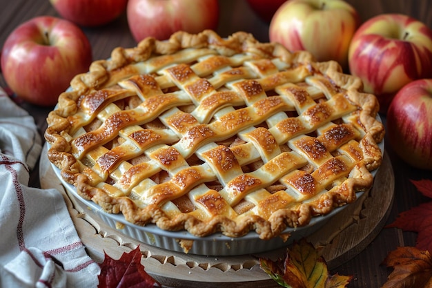 une tarte aux pommes et des pommes sur une table