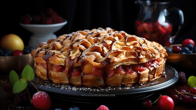 tarte aux pommes avec des pommes tranchées sur une assiette avec un fond flou