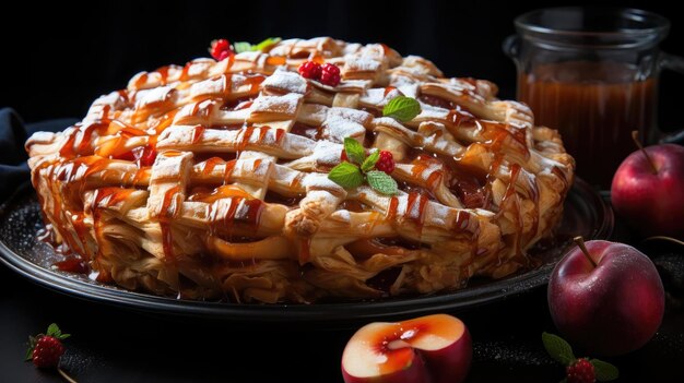 Photo tarte aux pommes avec des pommes tranchées sur une assiette avec un fond flou