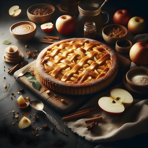 tarte aux pommes réaliste dans une cuisine sombre